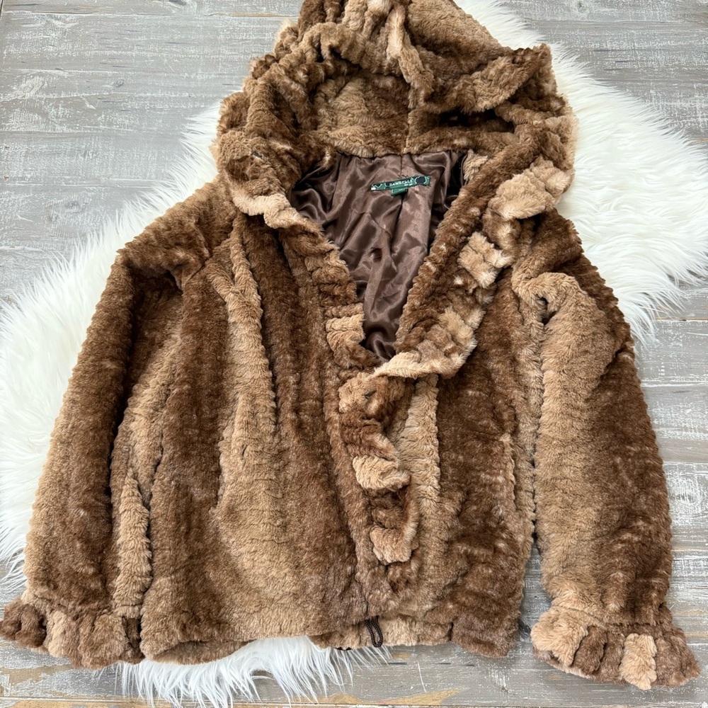 Damselle New York Faux Fur Ruffle Coat XS Brown Teddy Jacket Hooded Glam Winter - Picture 2 of 6